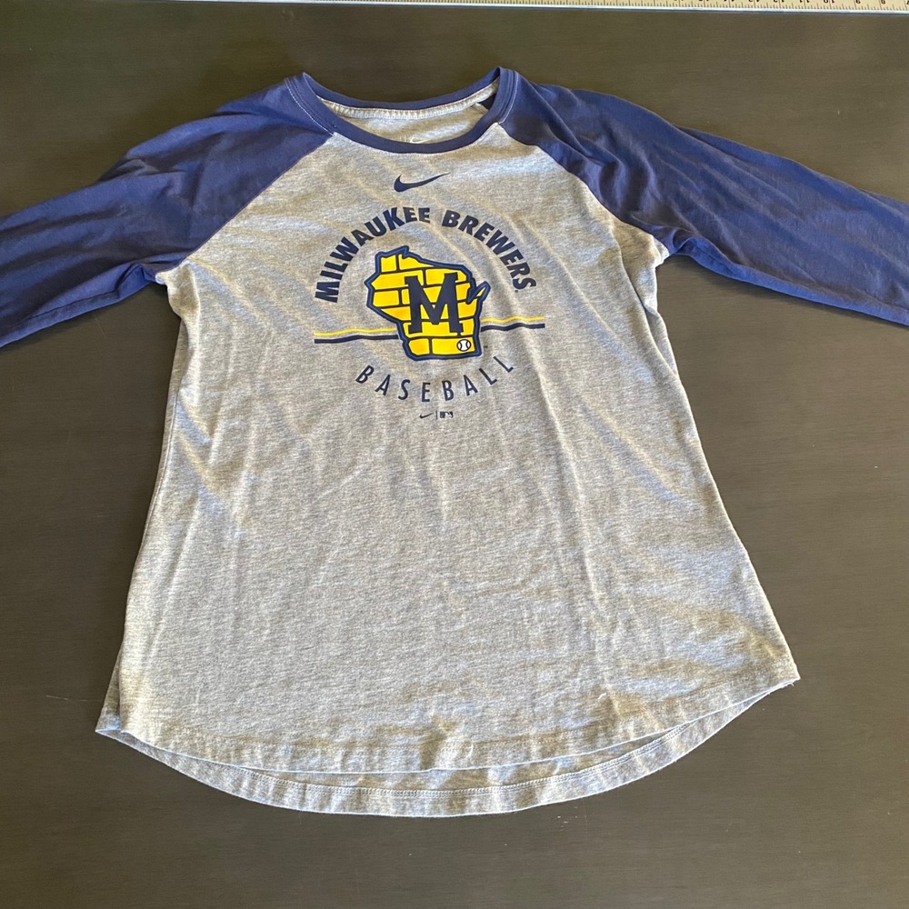 Nike Milwaukee Brewers MLB Raglan Shirt Womens Medium Gray Blue 3/4 Sleeve